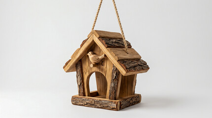 Comedero de madera para aves silvestres ideal para jardines y conceptos de naturaleza. © Argiduna