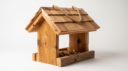 Comedero de madera para aves silvestres ideal para jardines y conceptos de naturaleza. © Argiduna