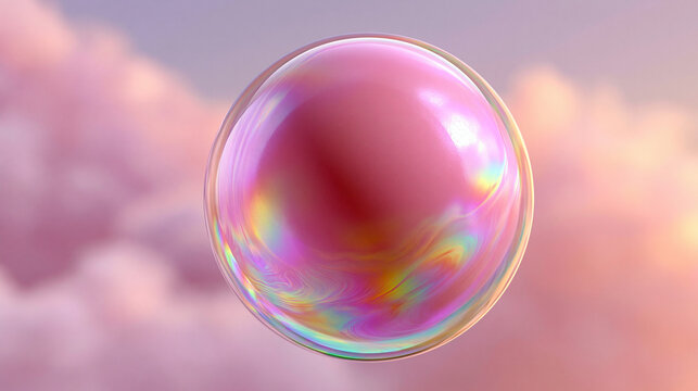 Large pink bubblegum bubble with iridescent highlights against a pastel background.