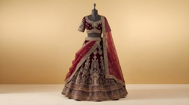 Elegant dark red velvet lehenga choli featuring intricate golden embroidery displayed on a mannequin against a soft neutral studio backdrop
