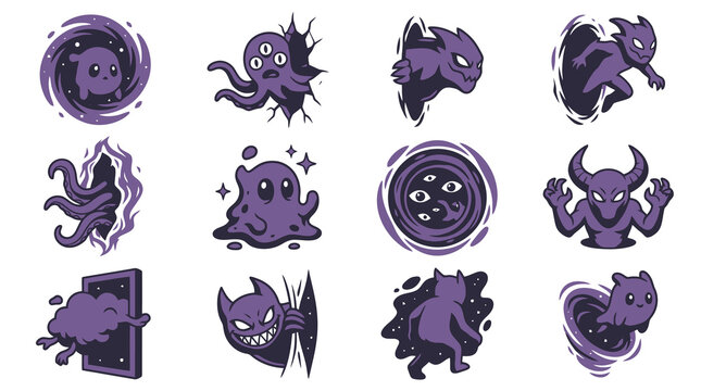 Purple shadow blobs and portal monster characters.