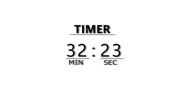 Digital clock timer displaying thirty two minutes and twenty three seconds on white screen.