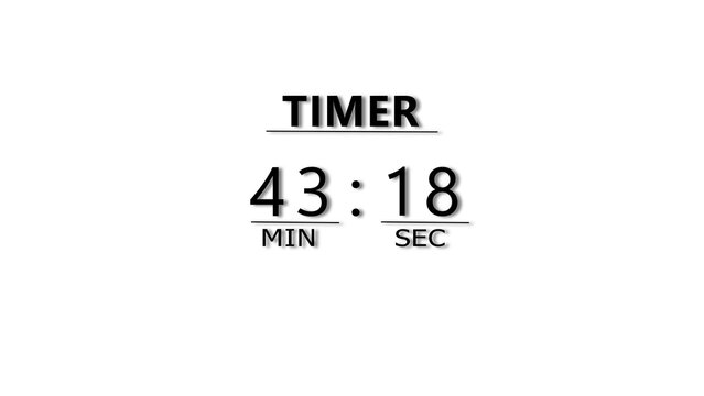 Digital clock display counting down forty three minutes and eighteen seconds on white screen.