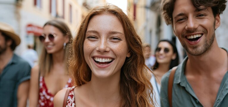 Multicultural young adults enjoying a vibrant city street on a sunny summer day.