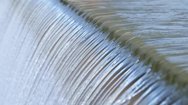 Glassy water sheet flowing over curved lip forming tight parallel ripples and thin descending ribbons with bright highlights across smooth reflective surface, with water, flow, ripple, cascade detail