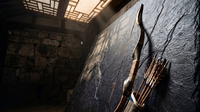 Traditional Korean Bow and Arrows Resting Against Dark Stone Wall
