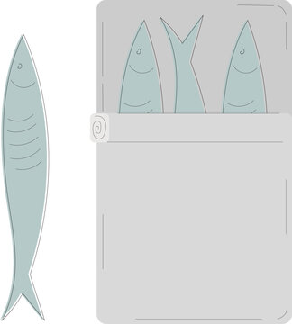 Hand drawn sardines in metal can. Open tin of sardines