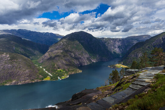 Panoramic View over &Aring;krafjorden from the Top of Langfoss Waterfall, Western Norway