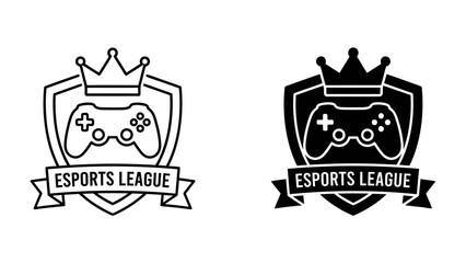 Esports League Emblem: A stylized shield badge featuring a gamepad and crown, representing an esports league with a banner for text. This emblem signifies competitive gaming and digital sport. © abidakhatun