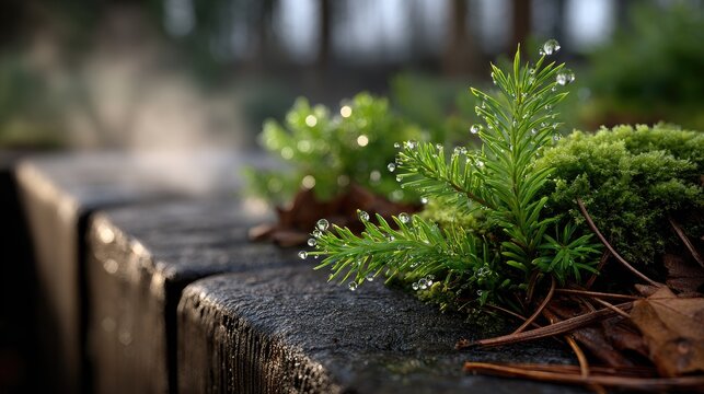 Steaming thermal water flows over dark volcanic stone with pine needles and moss in morning light near a luxury spa setting in nature