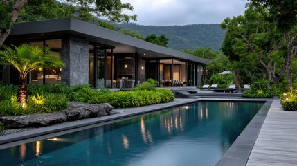 Fototapeta premium Floating glass villas in a tropical rainforest with lagoon views and infinity pools create a luxurious escape in a sustainable eco resort