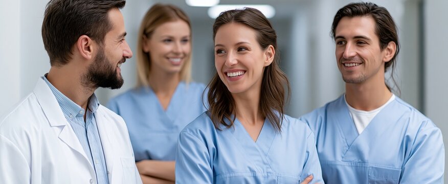 In a well-lit hospital corridor, a smiling pharmaceutical representative shares product information with medical staff.