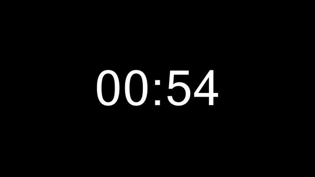 Countdown 60s animation on black background. 1 minute timer on stopwatch on black background 4k video white alpha channel.