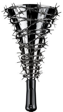Isolated abstract conical object tightly wrapped with sharp barbed wire, symbolizing oppression.