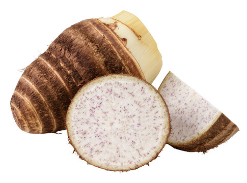 Isolated fresh whole and sliced taro root displaying its distinctive purple specks