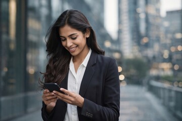 Fototapeta premium Professional woman using smartphone outdoors.
