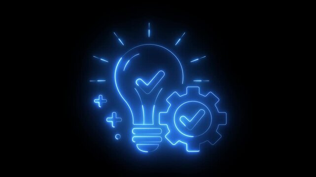glowing neon Innovation idea lightbulb with gear icon representing creative problem solving, smart solutions engineering strategy concept, business innovation symbol. 4k video animation.