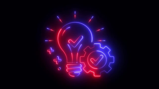 glowing neon Innovation idea lightbulb with gear icon representing creative problem solving, smart solutions engineering strategy concept, business innovation symbol. 4k video animation.