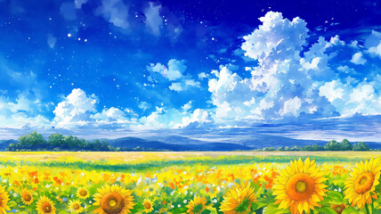 Obraz premium 夏空の下で一面に咲くひまわり畑と雄大な雲の流れを描いたパノラマ風景イラスト、遠景まで抜ける壮観構図表現美、向日葵、花畑、夏空、雲、田園、平原、自然、絶景、爽快、開放感、背景、壁紙、パノラマ、アニメ風、幻想的、旅行、観光、癒やし、田舎、遠景、広角、晴天、日差し、ポスター、表紙、バナー、広告、装飾、ヘッダー、コピースペース、風景画、植物、自然素材、華やか、明るい、希望、物語性、印象的