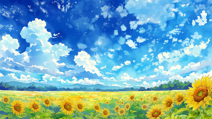Obraz premium 壮大なひまわり畑と入道雲が広がる夏の大地を描いた爽やかな自然風景イラスト、山並みを望む開放的な情景描写画、向日葵、花畑、夏空、雲、田園、平原、自然、絶景、爽快、開放感、背景、壁紙、パノラマ、アニメ風、幻想的、旅行、観光、癒やし、田舎、遠景、広角、晴天、日差し、ポスター、表紙、バナー、広告、装飾、ヘッダー、コピースペース、風景画、植物、自然素材、華やか、明るい、希望、物語性、印象的