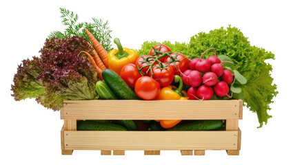 Isolated wooden crate full of fresh healthy organic vegetables and herbs for cooking healthy meals © Ciara