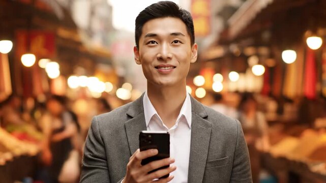 A smiling asian man with phone in hand stands in a busy bustling market street at night