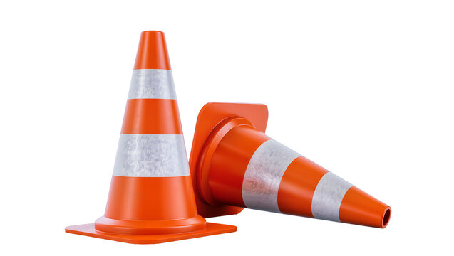 Isolated two orange traffic safety cones, one standing upright, the other lying on its side.