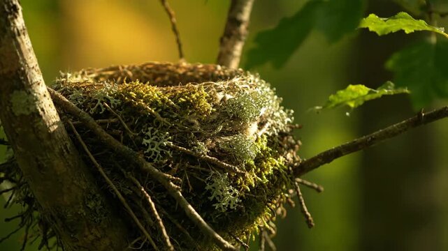 A detailed bird nest crafted with twigs and moss rests on a tree branch in a green forest during daytime