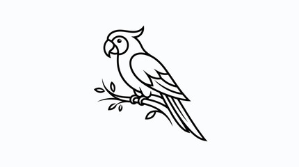 Fototapeta premium A black and white illustration of a parrot perched on a branch with leaves.