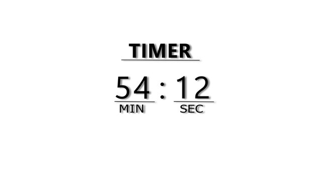 Minimalist digital timer showing fifty four minutes and twelve seconds on white background.