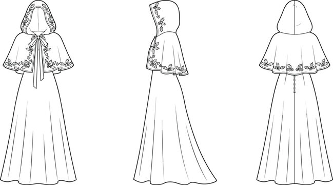 Christmas themed hooded cape and long gown fashion technical sketch showing multiple views