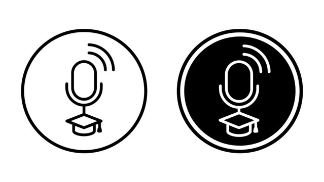 Audio Education Icon: A set of two icons representing audio education, one in outline and the other in a filled circle, featuring a microphone on a graduation cap.