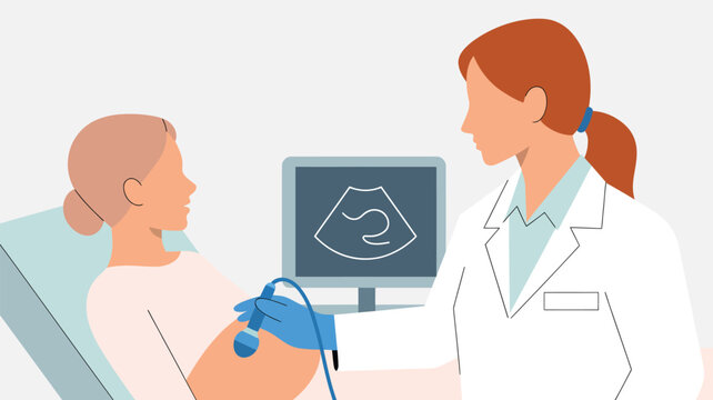 Doctor performing an ultrasound scan on a pregnant woman in a hospital setting for prenatal care