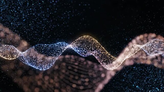 Digital wave of glowing particles on a dark background