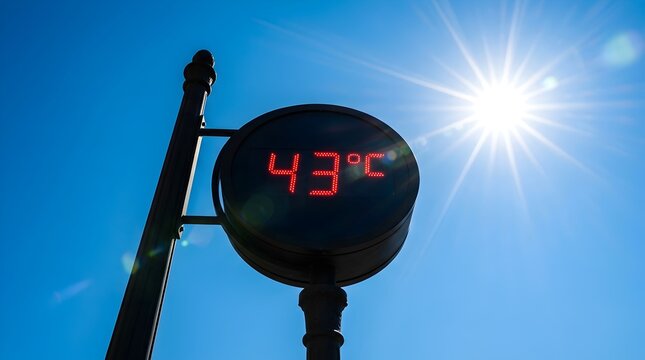 Digital street thermometer displaying forty three degrees celsius showing extreme heat, against a bright summer sun and a clear blue sky background