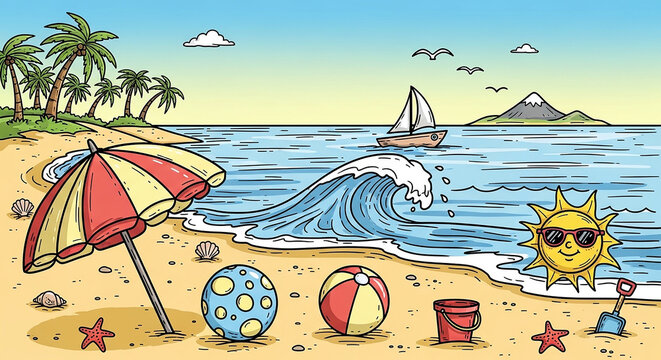 Colorful beach scene with beach ball and sailboat