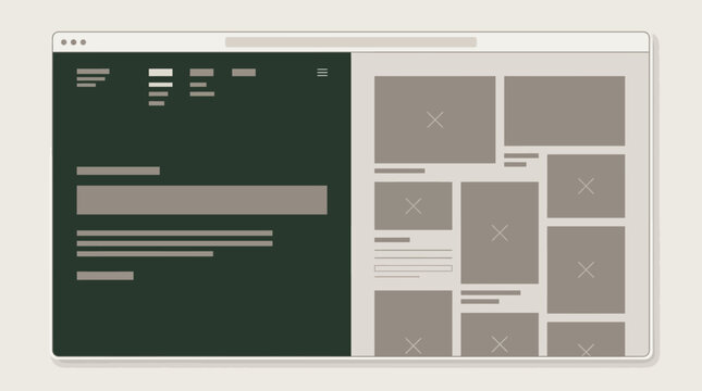 Modern website interface mockup with grid layout and split screen