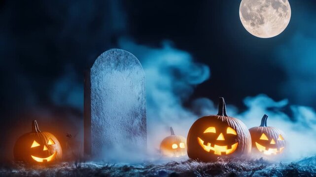 Spooky halloween graveyard with glowing jack-o'-lanterns under a full moon