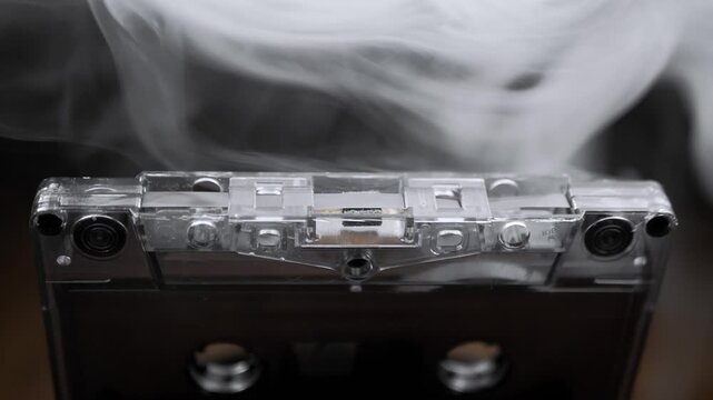 A close-up view of a clear vintage audio cassette enveloped by thick, swirling white smoke. Concept of retro music nostalgia, mysterious audio recordings, and fading analog memories.