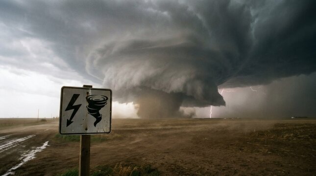 Tornado storm warning sign, severe weather alert, dark clouds, natural disaster