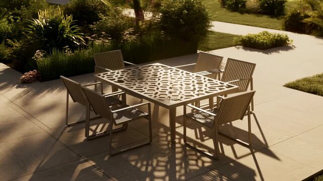 Outdoor patio dining set featuring perforated metal table, six slatted chairs, geometric shadow patterns, warm sunlight, and modern residential garden setting, with patio, dining, table, chair detail