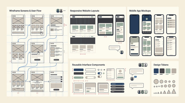 Comprehensive user interface design system with wireframes and mockups