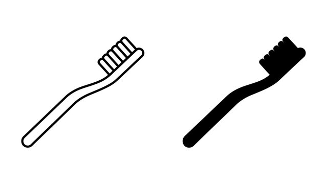 Toothbrush Icon Set: A simple and clean illustration of a toothbrush in both outline and filled black icon style, representing oral hygiene and dental care.