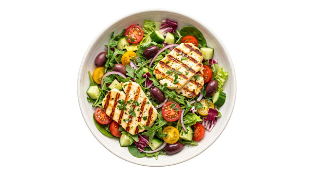 Grilled halloumi cheese salad bowl, fresh mediterranean vegetable salad with olives and tomatoes, healthy vegetarian meal isolated on white