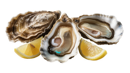 Isolated fresh oysters with bright lemon wedges, ready to eat seafood delicacy studio shot © Ciara