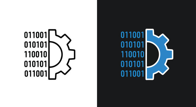 Binary code and gear vector illustration - Minimalist, flat icon, outline, glyph, linear, clipart, sticker - icon set
