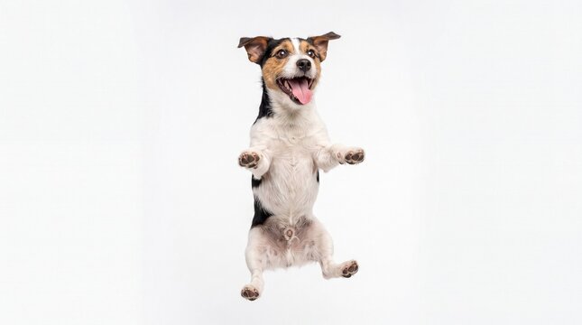 Energetic Jack Russell Terrier jumping on white background, happy small dog leaping in mid-air, playful tricolor pet portrait for animal care ads