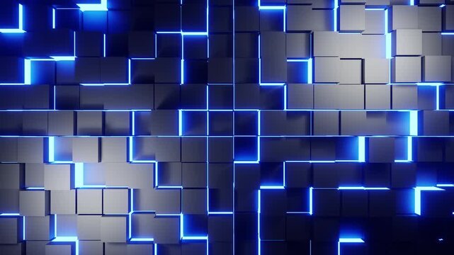 Moved cubes wall with neon sky blue lights VJ seamless loop background