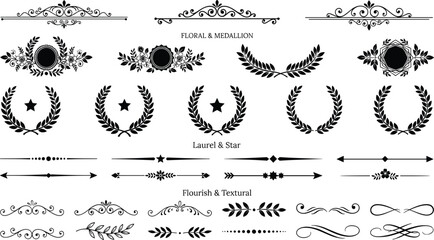 Black laurel wreath dividers, floral medallion headers, isolated decorative border vectors, classic swirl flourishes, royal star frames, graphic design elements, © SUMAIYA