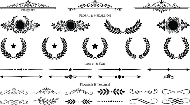 Black laurel wreath dividers, floral medallion headers, isolated decorative border vectors, classic swirl flourishes, royal star frames, graphic design elements,